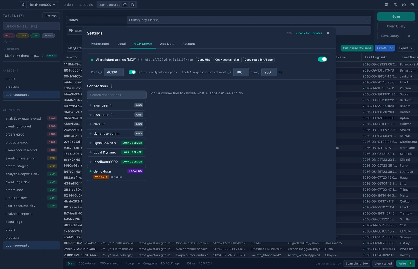 DynaFlow's MCP server settings, with individual tables shared to an AI assistant and remote sources marked read-only