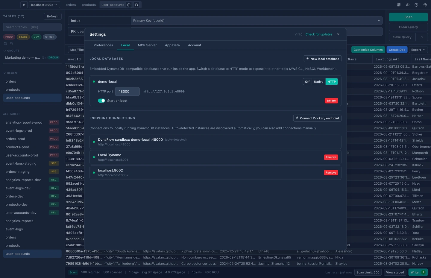 A local DynamoDB-compatible database running inside DynaFlow, listed beside the remote AWS connections