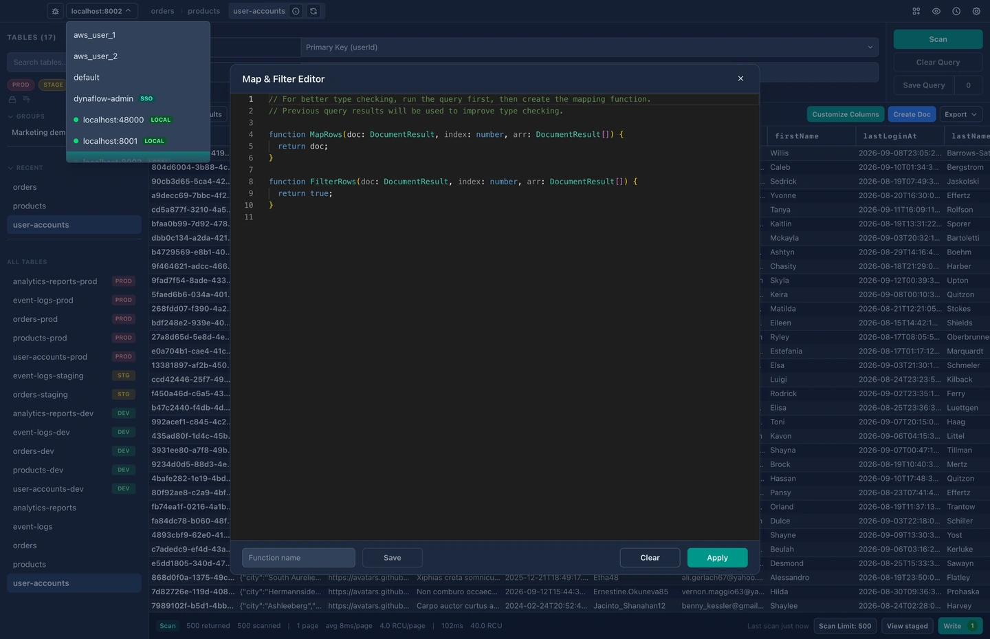 DynaFlow's connection picker listing several AWS profiles, with stage pills separating dev, staging and prod tables